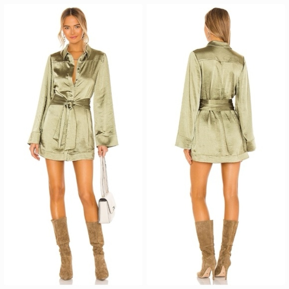 Camila Coelho Priscilla Mini Dress Satin Preppy Minimalist Chic Sage Green Sz M